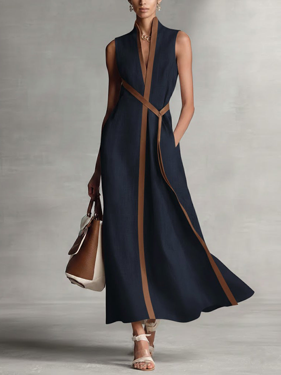 Abito Midi in Lino con Collo Alto