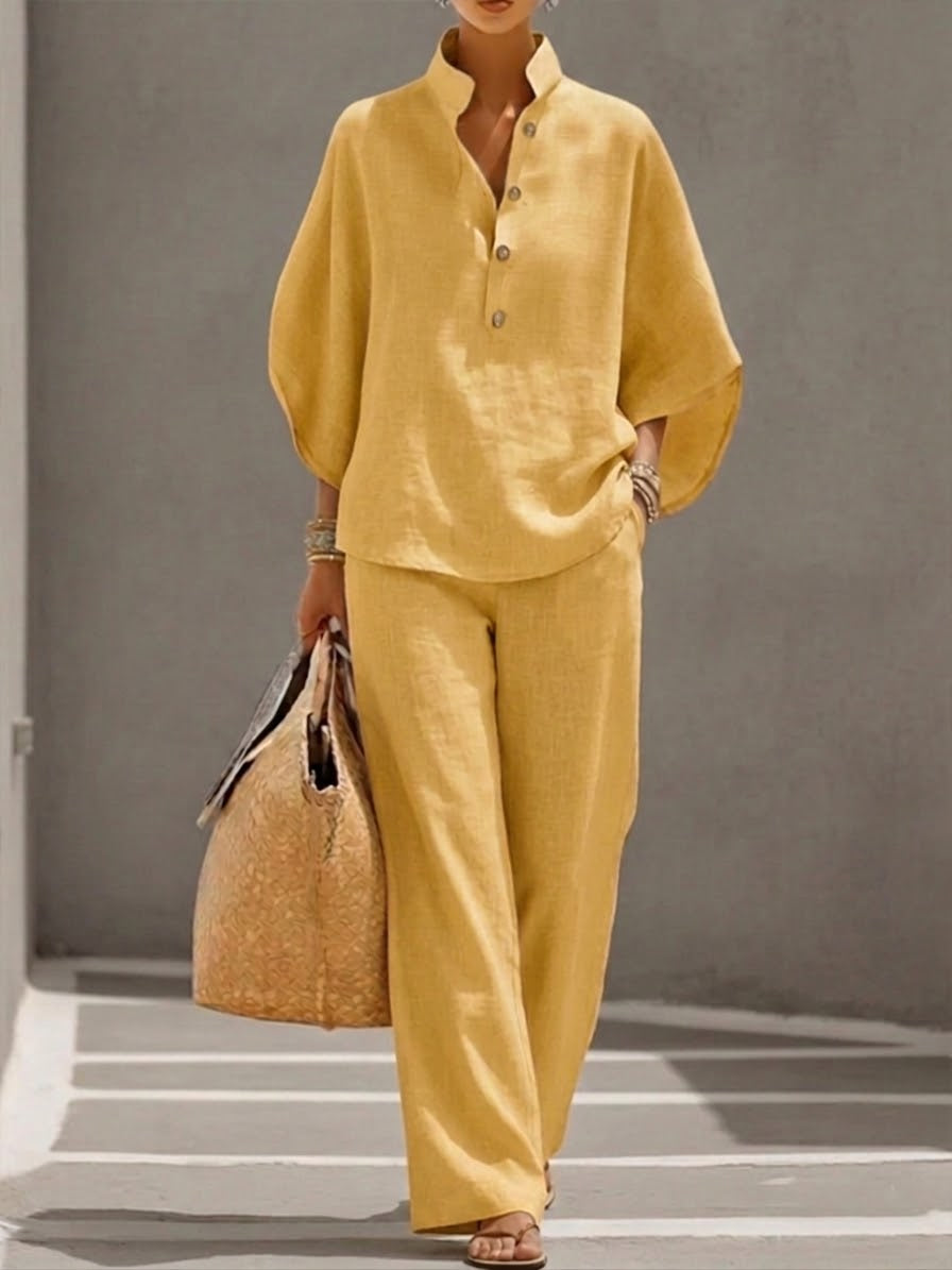 Eszter™ | Conjunto de algodón y lienzo con mangas murciélago y pantalón de pierna ancha