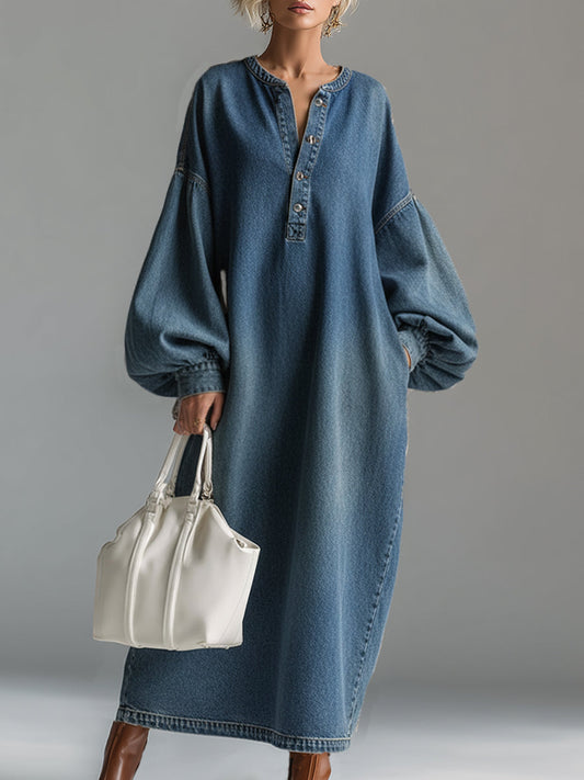 Abito Maxi in Denim Blu con Bottoni