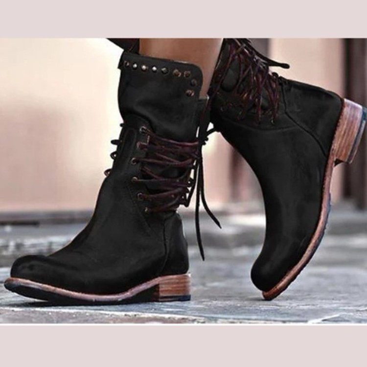 Stivali mid-calf con lacci e rivetti in stile britannico retro