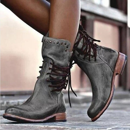 Stivali mid-calf con lacci e rivetti in stile britannico retro