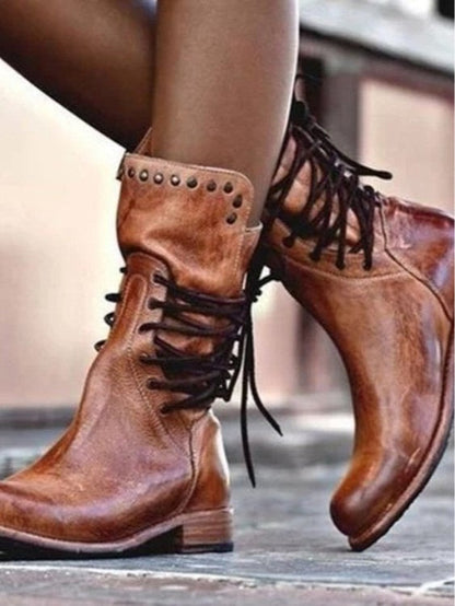 Stivali mid-calf con lacci e rivetti in stile britannico retro
