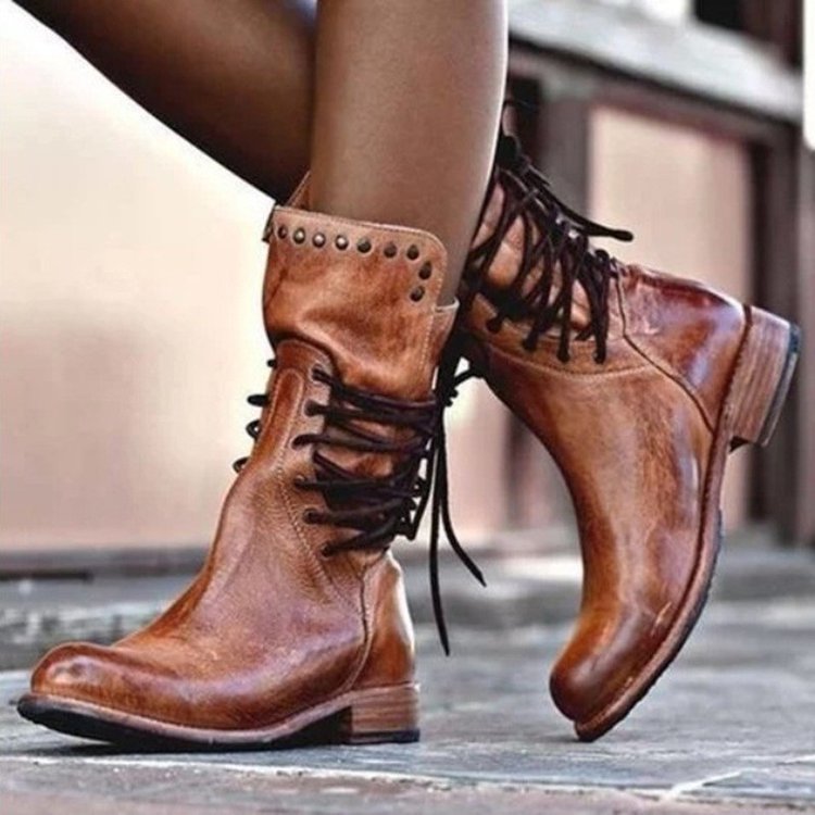 Stivali mid-calf con lacci e rivetti in stile britannico retro