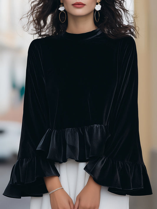 Blusa in Velluto con Rouches e Collo Rotondo