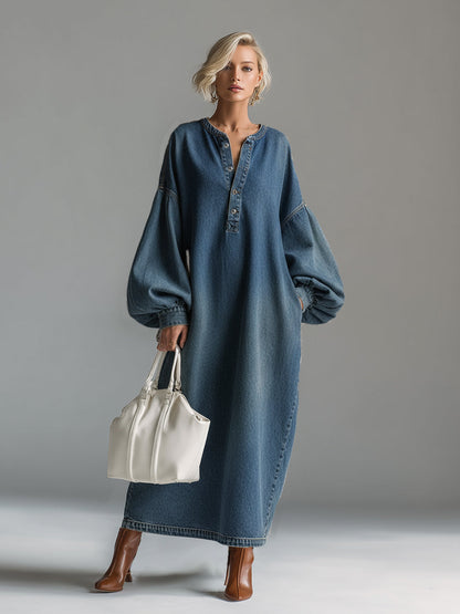 Abito Maxi in Denim Blu con Bottoni