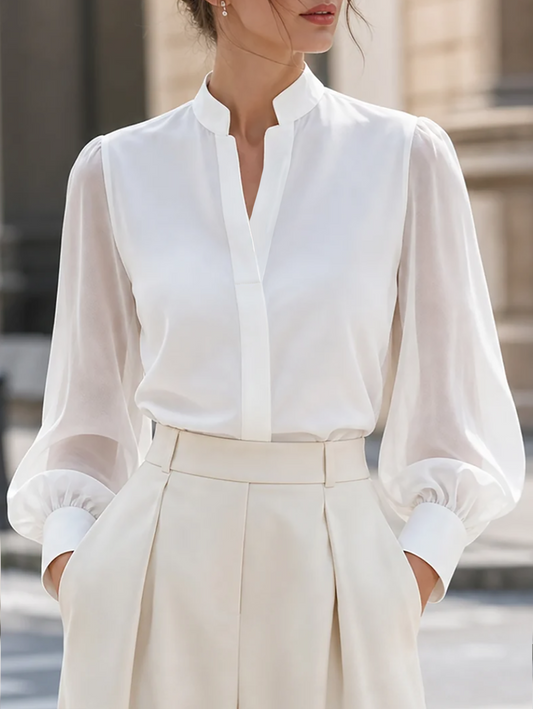 Blusa con Collo Alto e Scollo a V, Maniche Lunghe a Lanternino Trasparenti