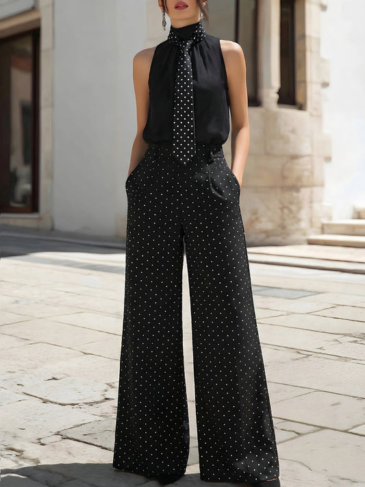 Blusa con Collo a Cravatta a Pois e Set di Pantaloni a Gamba Larga