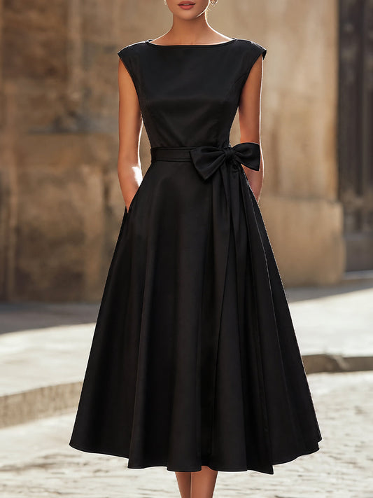 Abito Midi A-Line con Collo a Barca e Fiocco Laterale Oversize