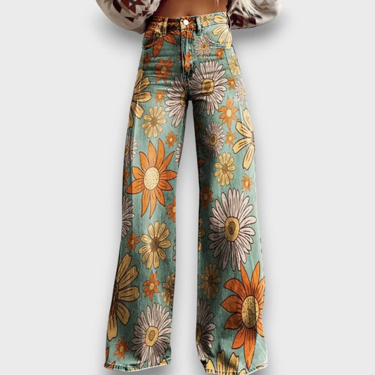 Fiorella – Jeans de pierna ancha con estampado floral retro