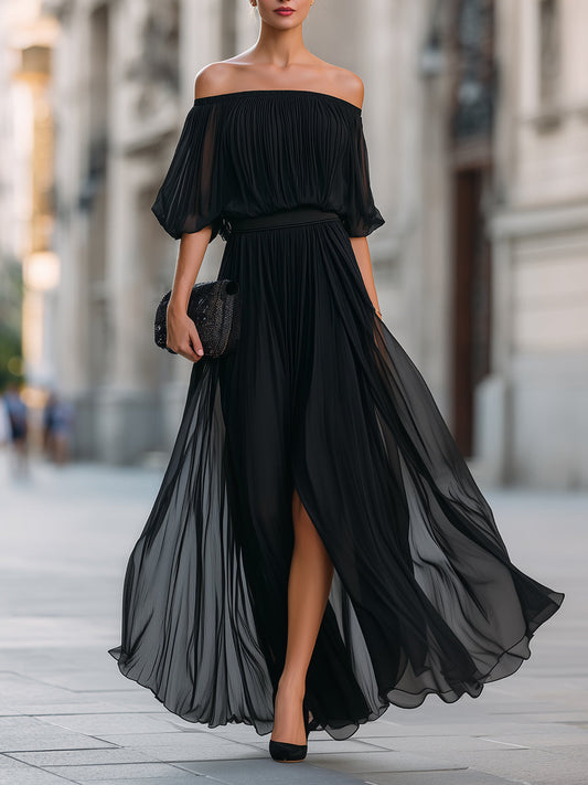 Abito Maxi in Chiffon Plissettato con Spalle Scoperte