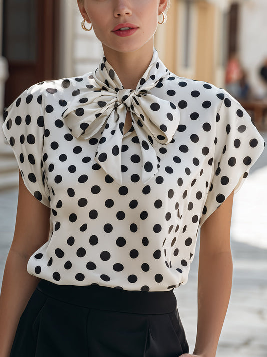 Blusa corta a maniche corte con fiocco in satin a pois
