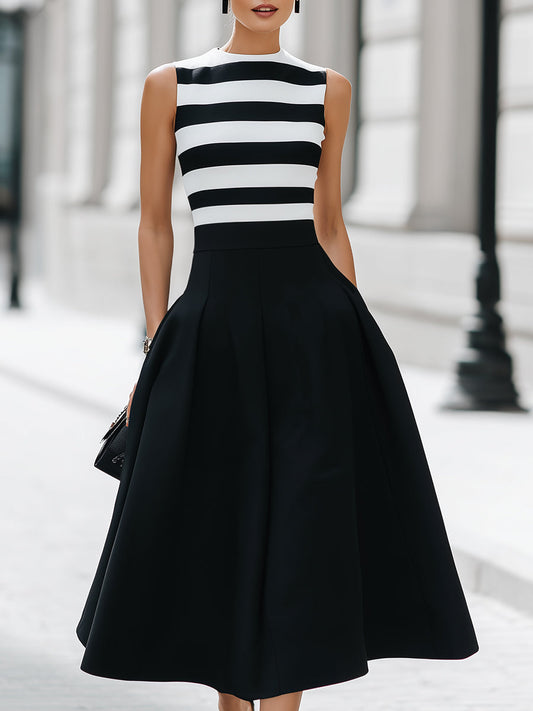 Abito Midi Senza Maniche a Righe Chic con Tasche