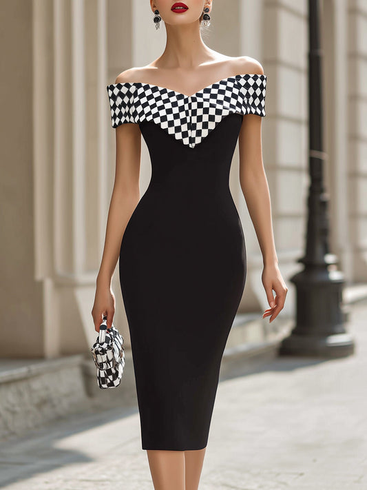 Abito Midi Bodycon a Righe Bianche e Nere con Spalle Scoperte