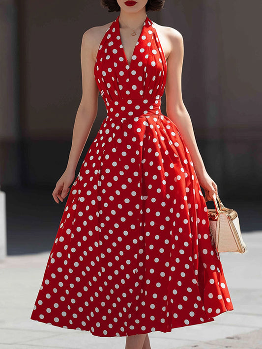 Abito Midi A-Line con Pois e Scollo Halter