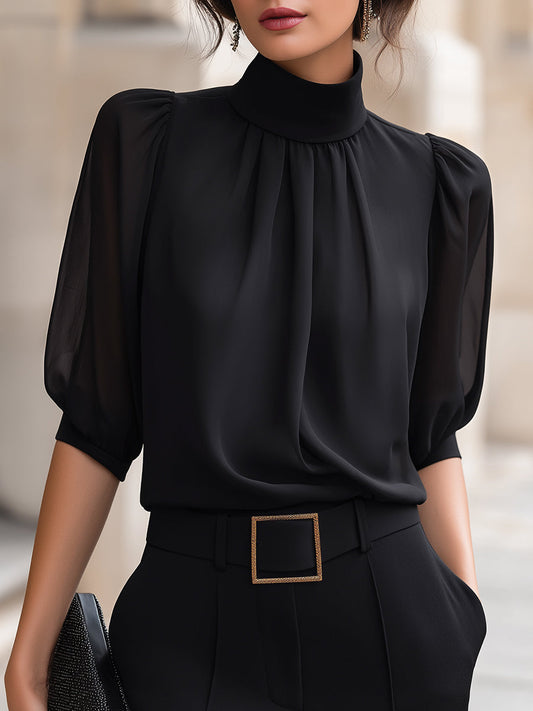 Blusa in Chiffon con Collo Alto e Maniche a Palloncino