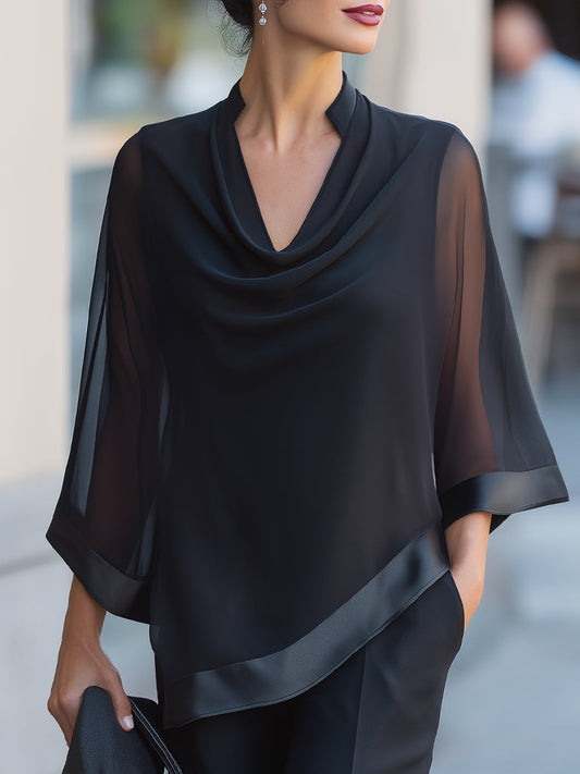 Blusa con Collo a Cowl e Maniche Svasate Trasparenti con Rifiniture in Raso