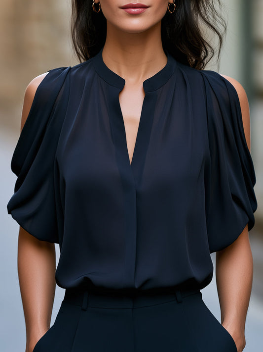 Blusa Elegante con Scollo a V e Maniche Corte Drappeggiate