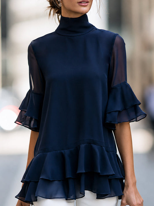 Blusa con Maniche Trasparenti a Righe e Rouches a Strati con Collo Alto