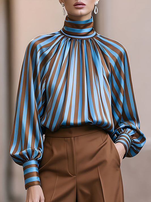 Blusa Plissettata a Collo Alto a Righe con Maniche a Palloncino