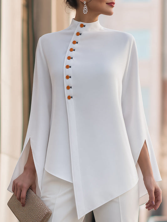Blusa con Maniche Lunghe a Spacco e Bottoni Asimmetrici