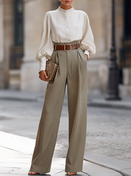 Blusa con Collo Stand e Set di Pantaloni a Gamba Larga a Vita Alta