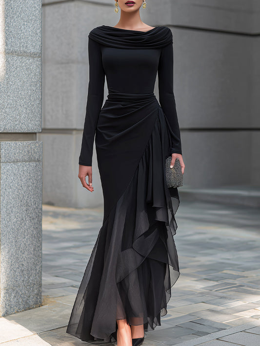 Abito Maxi in Pannelli di Organza con Collo Drappeggiato