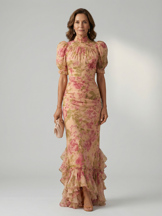 Vianne | Abito Maxi con Collo Alto e Maniche Corte