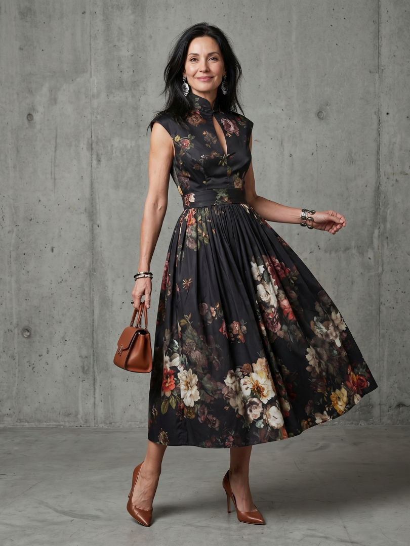 Greta | Abito midi a fiori con collo alto e apertura a chiave