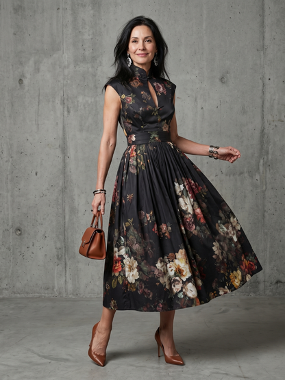 Greta | Abito midi a fiori con collo alto e apertura a chiave