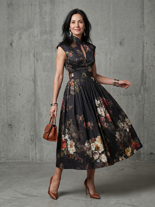 Greta | Abito midi a fiori con collo alto e apertura a chiave