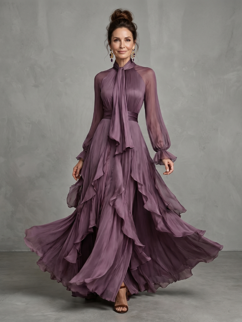 Demetria | Abito Maxi a Righe con Collo a Fiocco