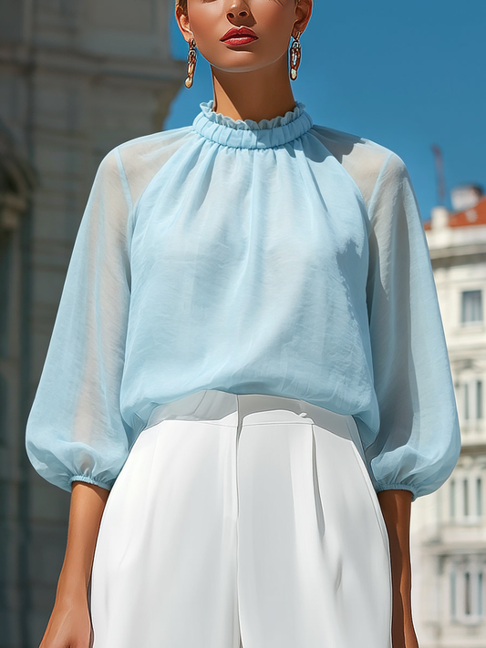 Blusa con Maniche a Blouson e Collo Alto Plissettato