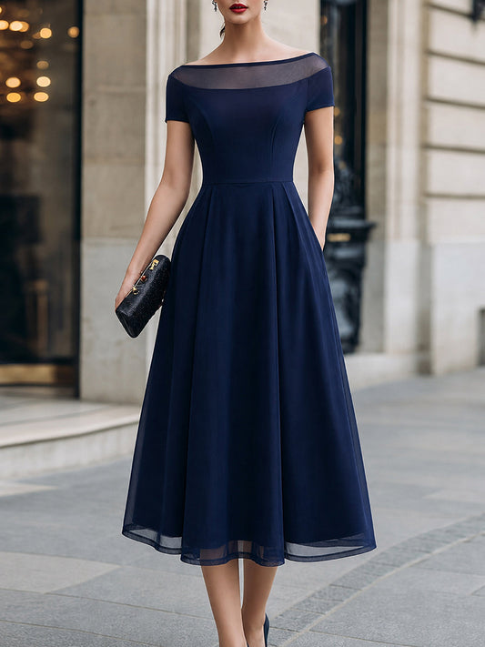 Abito Midi A-Line in Tulle Illusorio con Spalle Scoperte