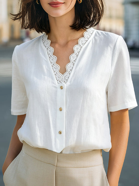 Blusa con Scollo a V e Pizzo, Maniche Corte con Bottoni