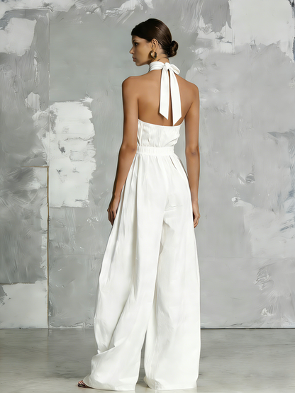 Combinación elegante blanca tejida, sin mangas, con cuello halter