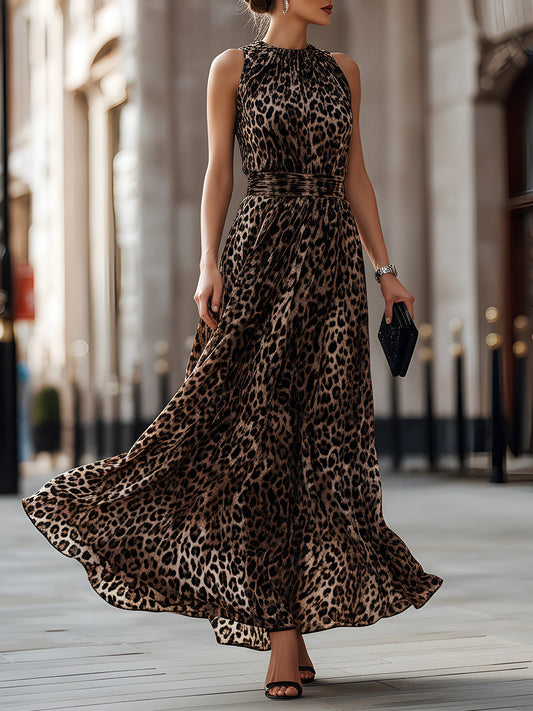 Abito Maxi Fluttuante Senza Maniche con Stampa Leopardo