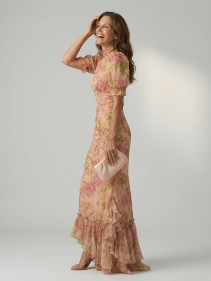 Vianne | Abito Maxi con Collo Alto e Maniche Corte