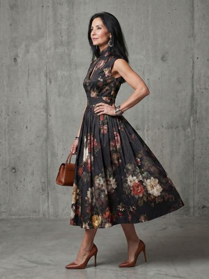 Greta | Abito midi a fiori con collo alto e apertura a chiave