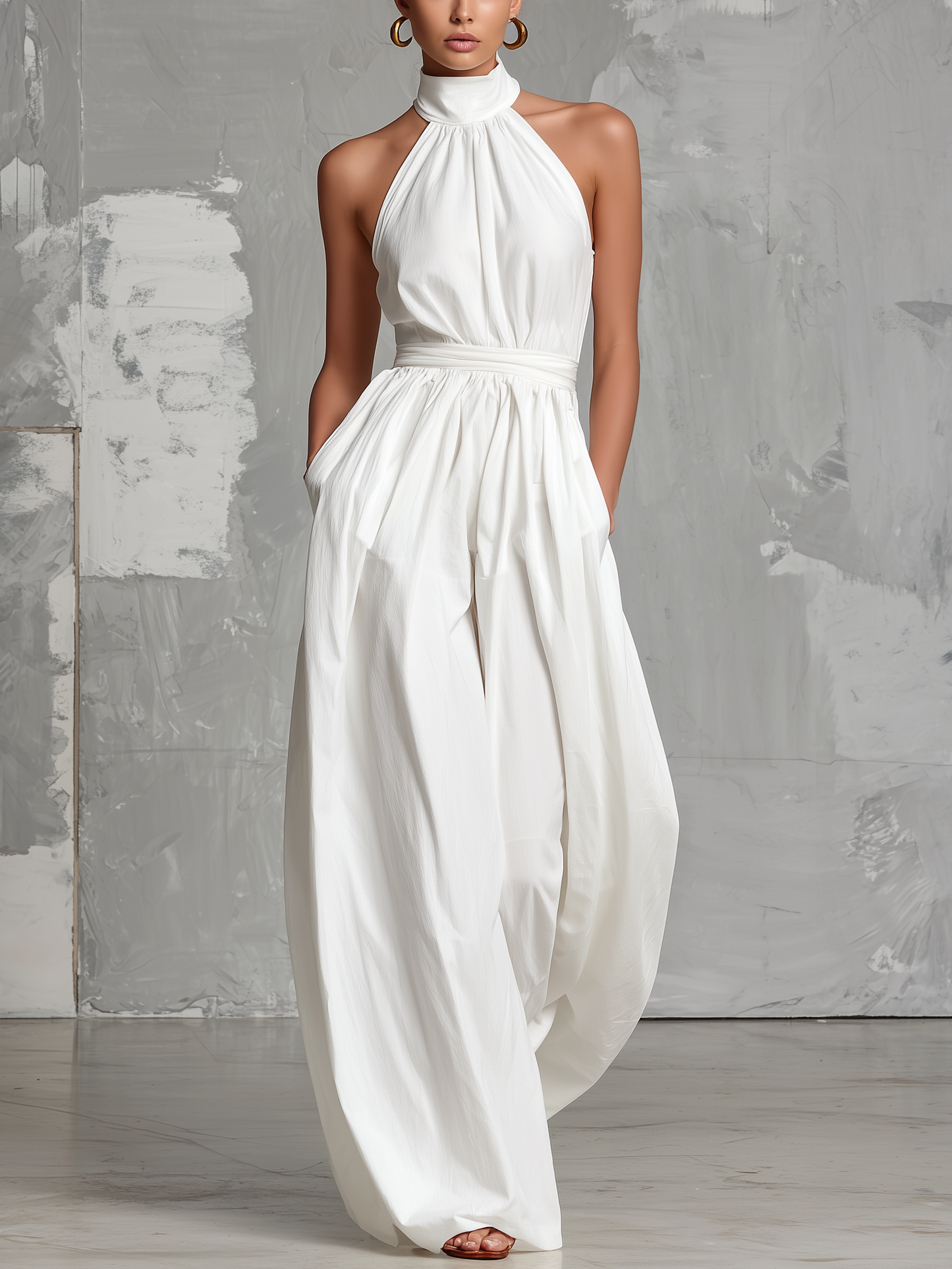 Combinación elegante blanca tejida, sin mangas, con cuello halter