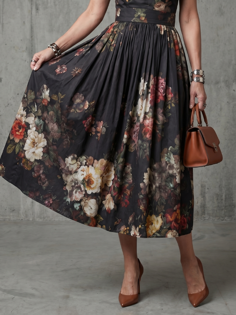Greta | Abito midi a fiori con collo alto e apertura a chiave