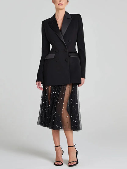 Sofía | Blazer reversible en satén negro con doble fila de botones