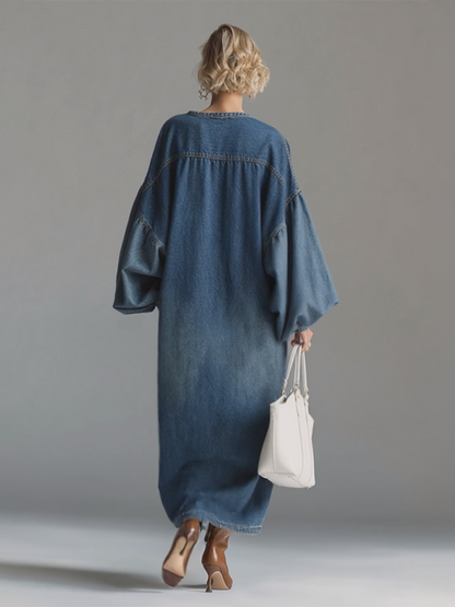 Abito Maxi in Denim Blu con Bottoni