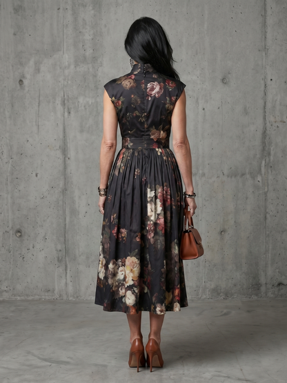Greta | Abito midi a fiori con collo alto e apertura a chiave