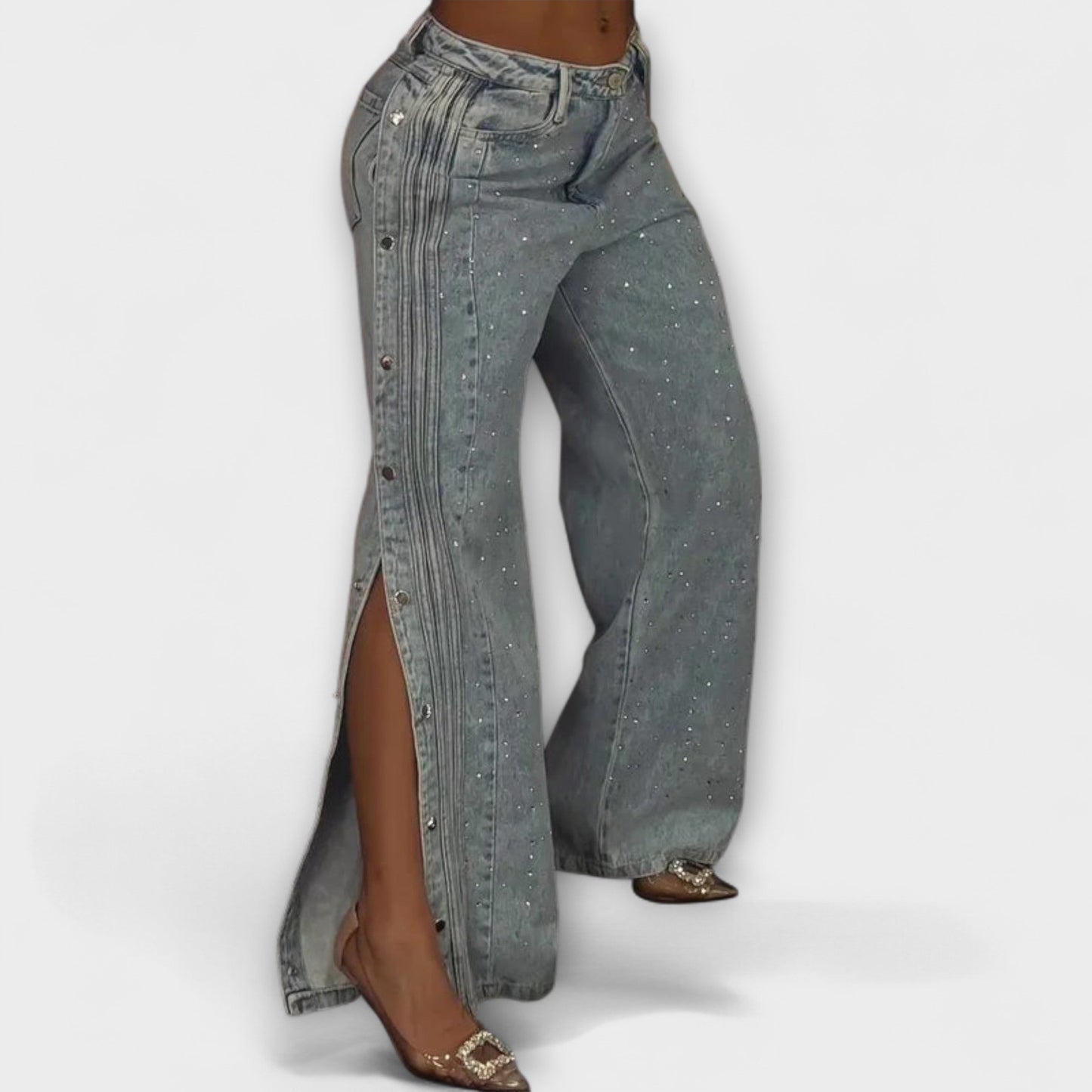 Nola - Jeans de Cintura Alta con Decoraciones de Strass y Botones Laterales