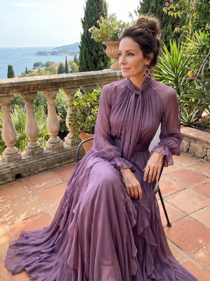 Demetria | Abito Maxi a Righe con Collo a Fiocco
