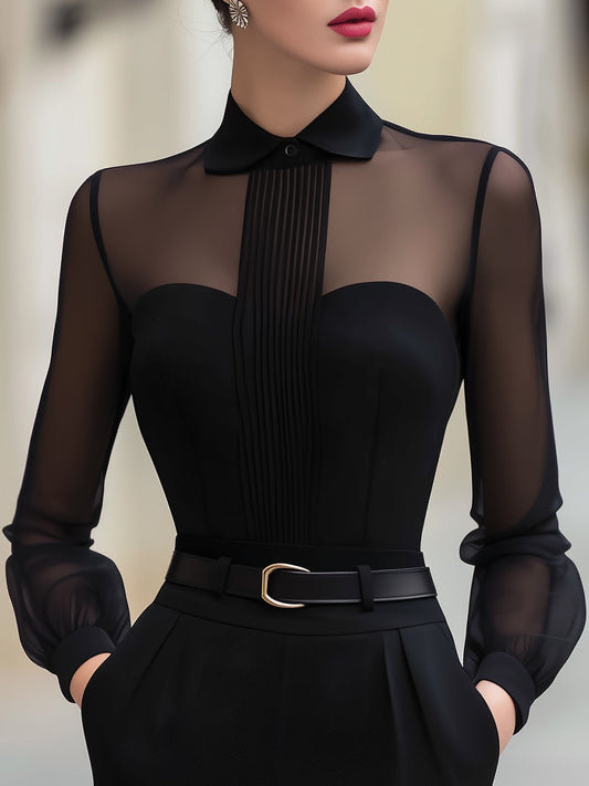Blusa con Pannello Trasparente e Pieghe Frontali