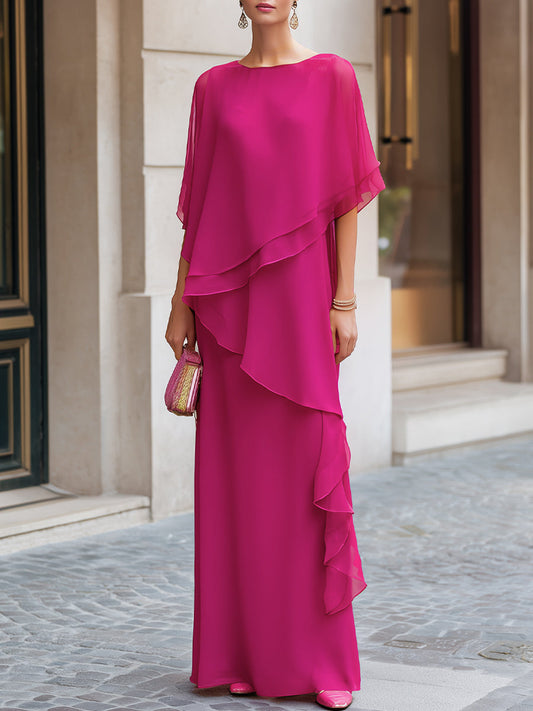 Abito Maxi con Sovrapposizione in Chiffon a Strati Asimmetrico