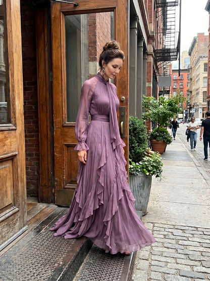 Demetria | Abito Maxi a Righe con Collo a Fiocco