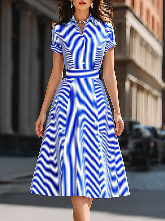 Abito Midi Fit-and-Flare con Collo a Camicia a Righe