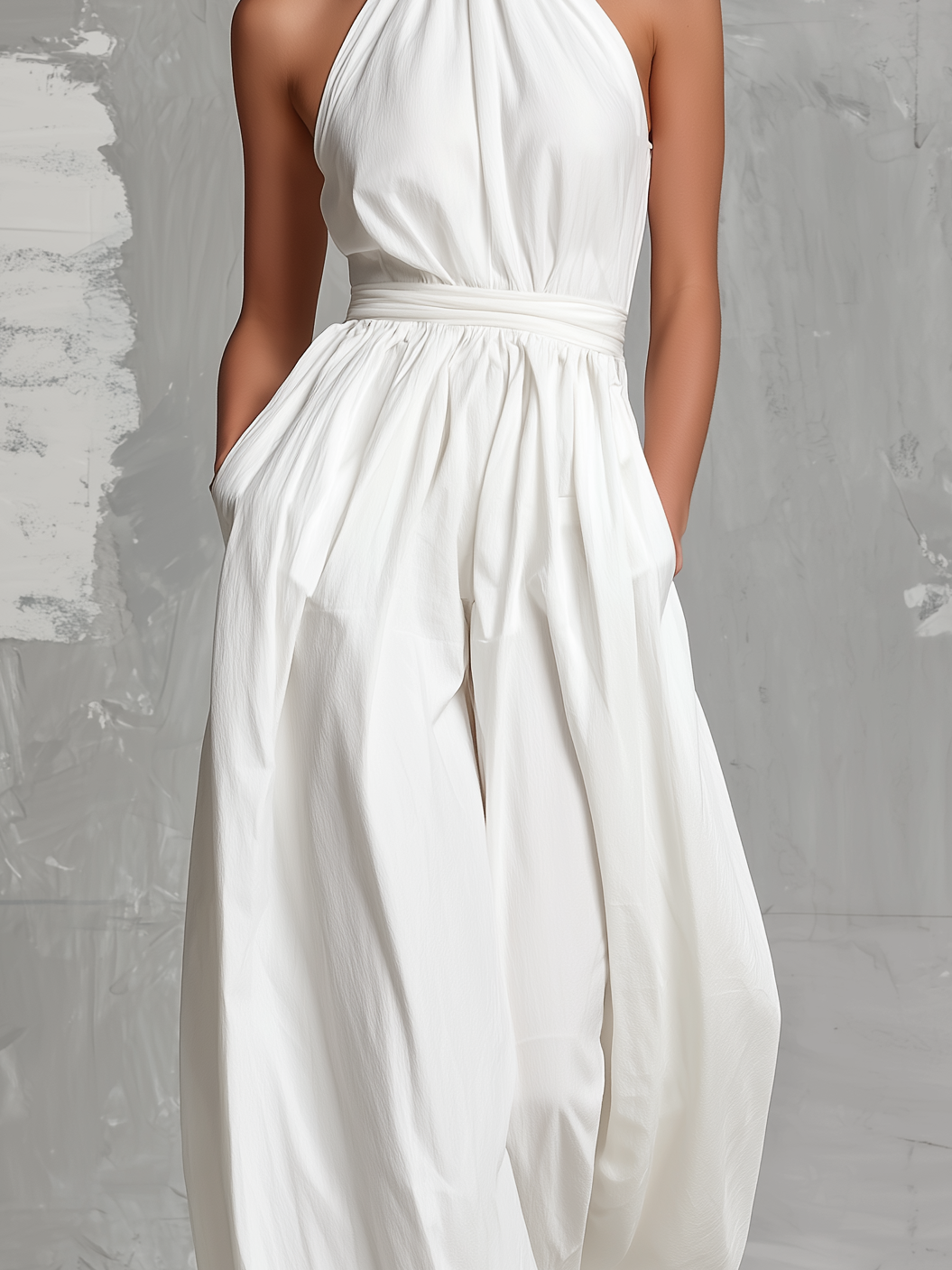 Combinación elegante blanca tejida, sin mangas, con cuello halter